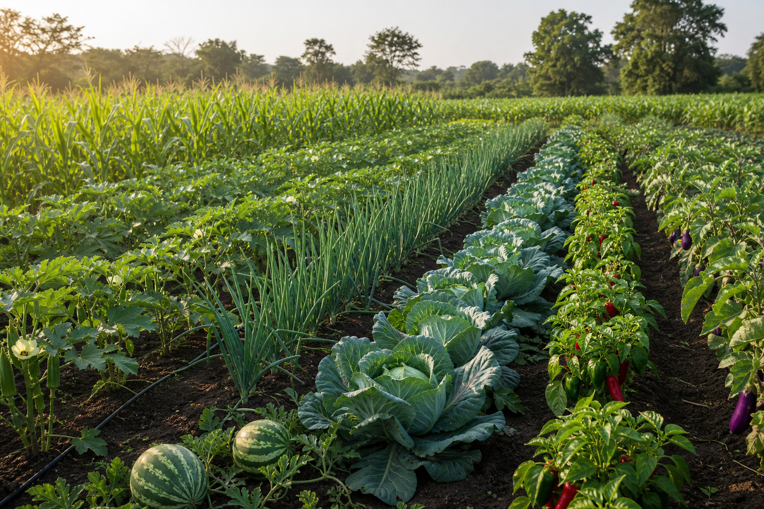 Thriving irrigated vegetable fields at Harvest Crest Farm